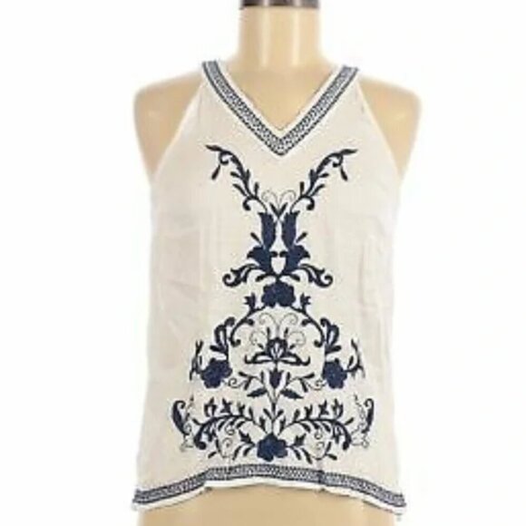 Lucky Brand Blue boho embroidered White Tank Top XS - Picture 1 of 5